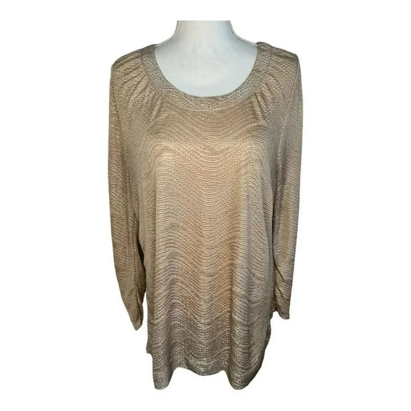 Ann Taylor Women’s Large Metallic Gold Textured Long Sleeved‎ Ruched Top - Picture 1 of 7